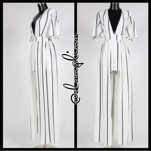 Black and white striped maxi romper short sleeves - Picture 1 of 7